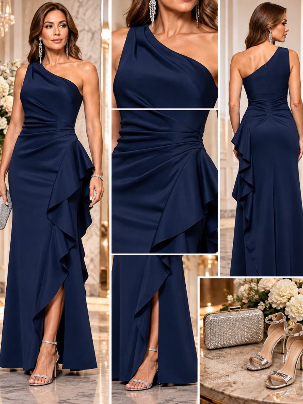 XSCAPE Midnight Navy One Shoulder Ruffle Formal Gown Size 10 NWT